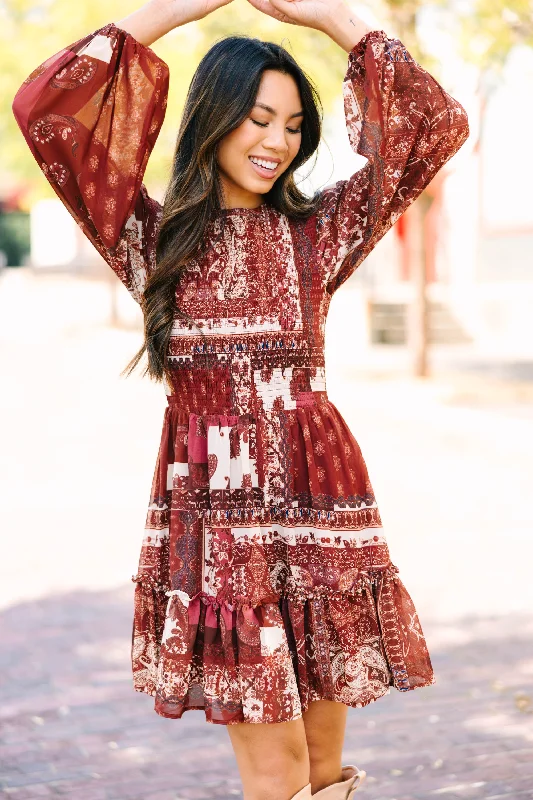 Fashion Forward This Is The Day Burgundy Red Mixed Print Dress