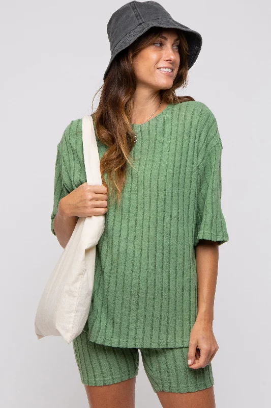 Women's Stylish Outdoor Outfit Light Olive Ribbed Soft Short Sleeve Shorts Set