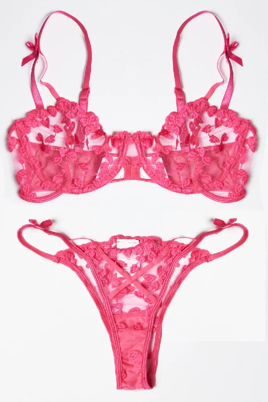 Stylish Women's Clothing Pink Heart Embroidery Lingerie Set