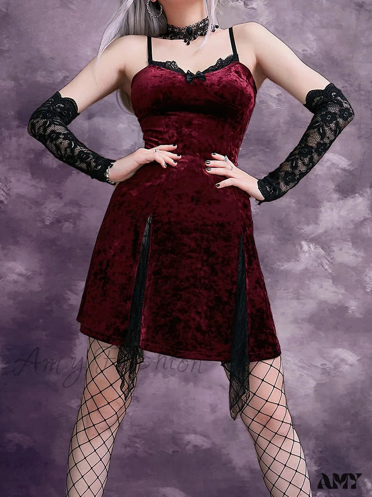 Holiday Glam Dark Clubwear Partywear Mini Sexy Lolita Slit Velvet Vintage Aesthetic Emo Y2K High Mesh Dress Gothic Grunge Waist