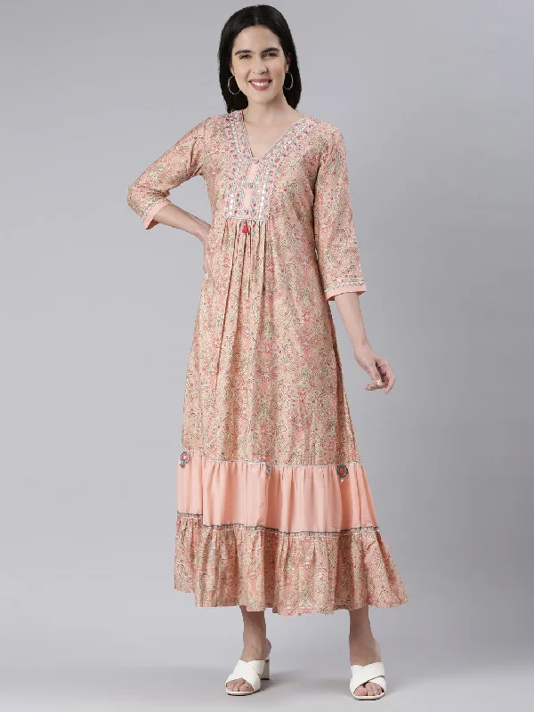 Timeless Classics Neeru's Peach Maxi Casual Printed Dresses