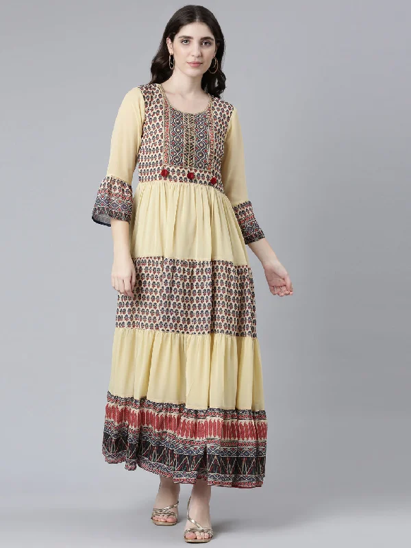 Fashion Essentials Neeru's Cream Straight Casual Printed Dress