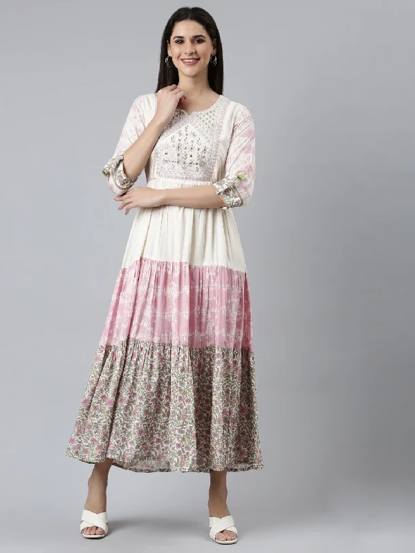 Style Streetwear Neeru's Cream Flared Casual Printed Dress