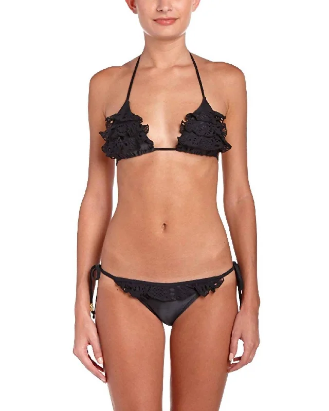 Women's Athleisure Apparel Women's Teeny Lace Diva Ruffle Tie Side Strap Bikini Bottom Swimsuit In Black