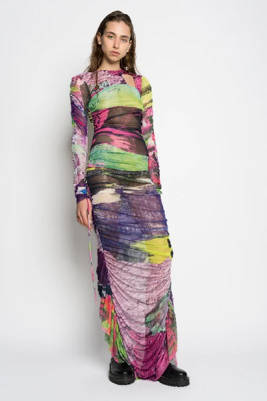 Unleash Your Trendy Side GRAFFITI PRINT LONG GATHERED MESH DRESS