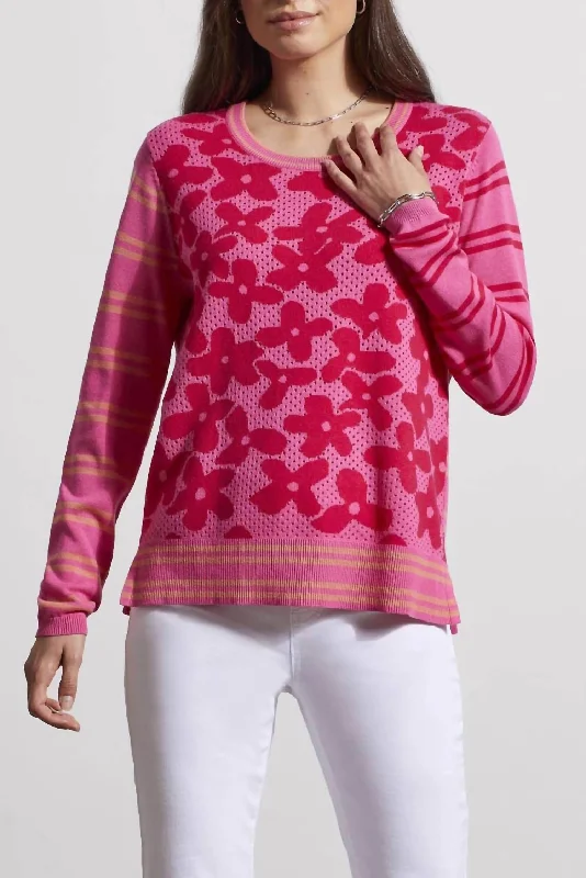 Women's Outerwear Attire Crew Neck Pointelle Sweater In Pink