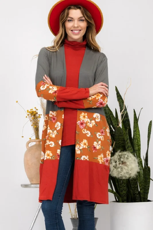 Women's Clothes For Outdoor Events Full Size Floral Color Block Open Front Cardigan