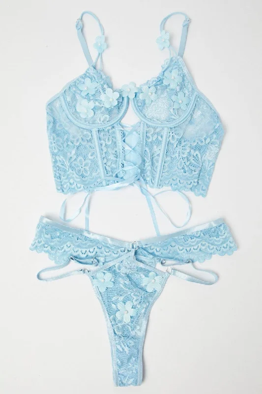 Stylish Women's Attire Blue Lace Lingerie Set