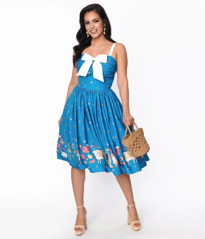 Trendy Urban Attire Unique Vintage Blue & White Farm Border Golightly Swing Dress