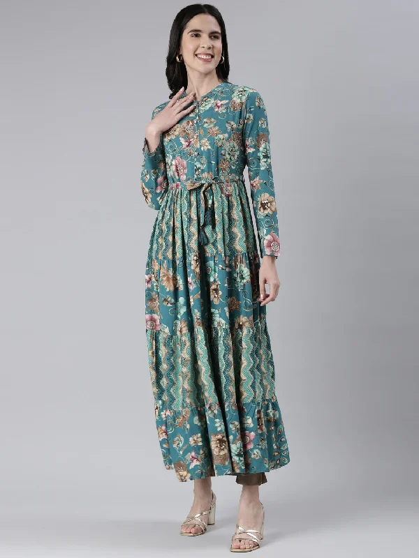 Redefining Women's Style Neeru's Green Maxi Casual Printed Dresses