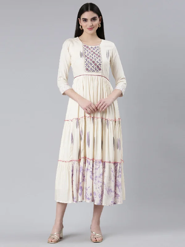 Hot Deals Neeru's Cream Straight Casual Printed Dress