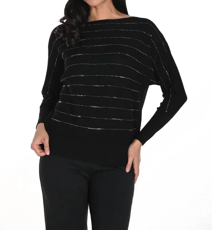 Women's Festive Attire Boat Neck Striped Knit Sweater In Black/Grey