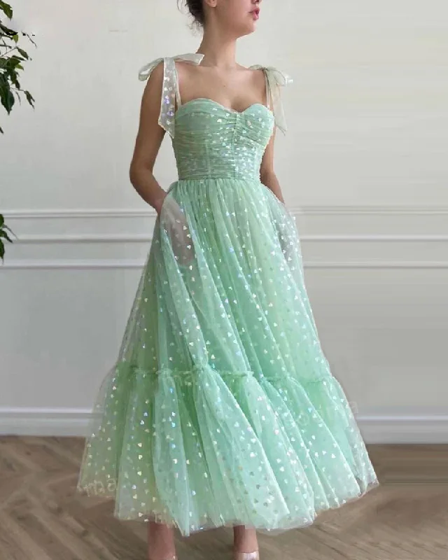 From Casual To Classy Elegant Mint Green Spaghetti Straps Tulle Swing Dress Teal Lenght Cocktail Party Prom Dresses with Peach Hearts