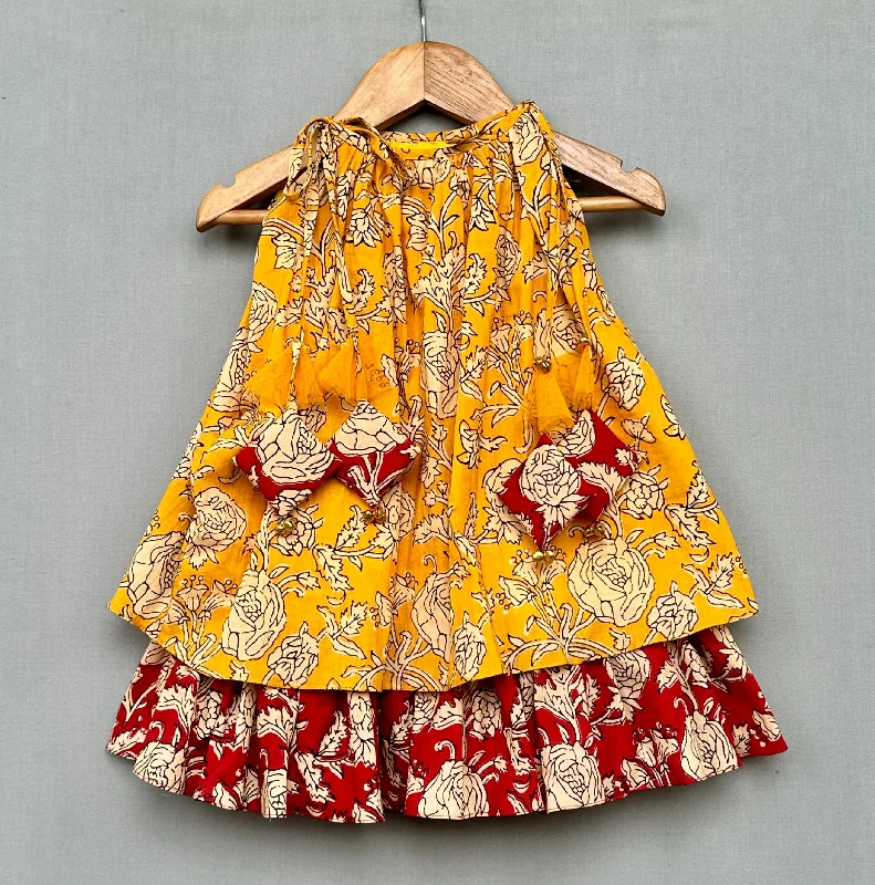 Stylish Spring Fashion Pre-Order: Ethnic Cotton Printed Dress in Yellow & Red