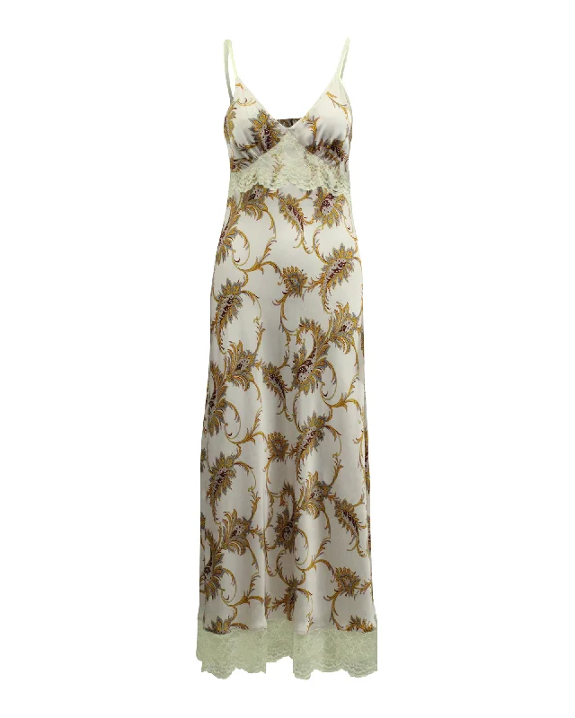 Women's High-Fashion Garments Paco Rabanne Lace-Trim Floral Print Satin Slip Dress in Pastel Purple Polyester