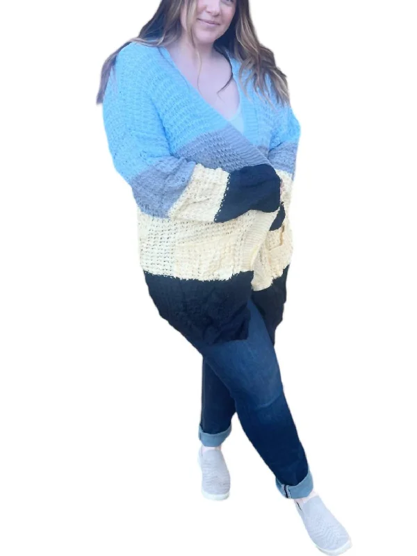 Women's Cozy Clothes Color Block Knit Cardigan In Blue-Yellow