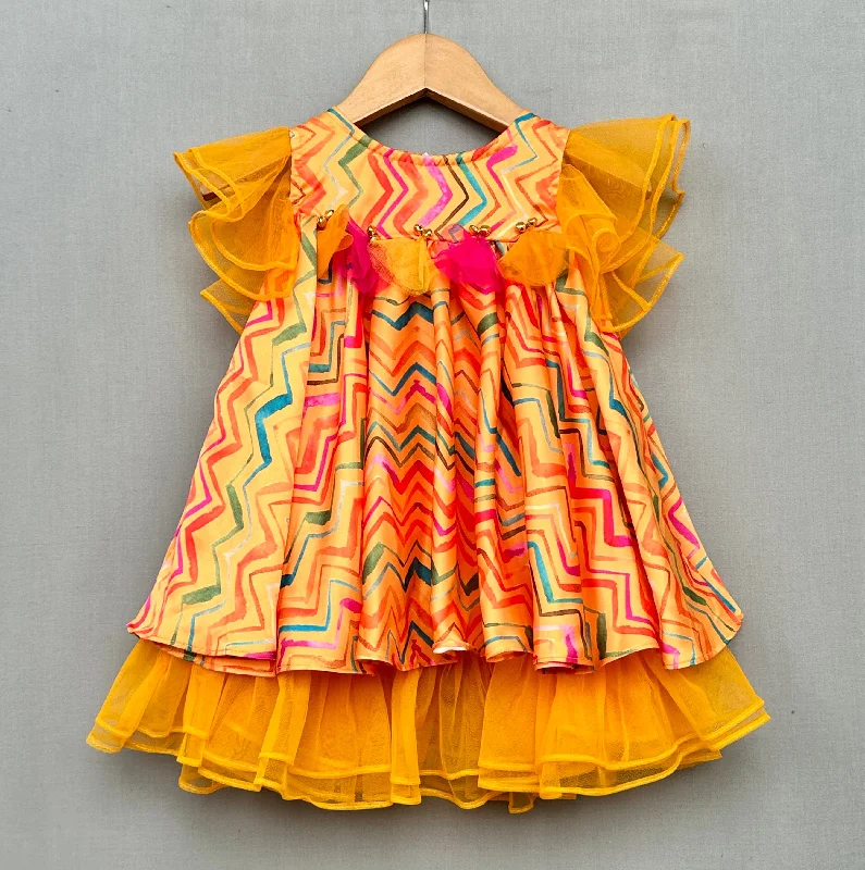 Seasonal Trends Pre-Order: Vibrant Yellow Zigzag Print Dress with Ruffled Sleeves