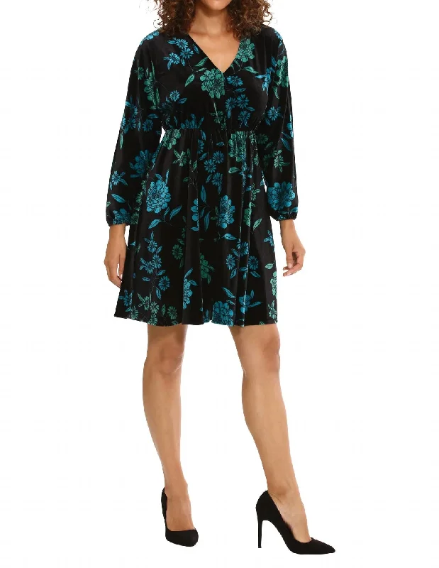 Must-Have Styles London Times Velvet Print Dress In Blk/teal