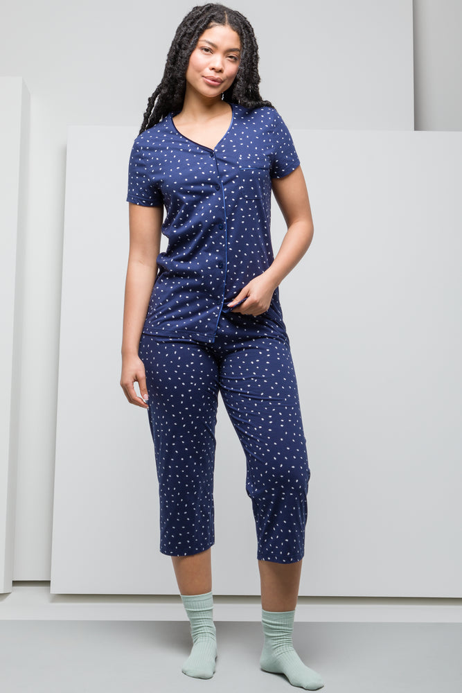 Women's Trendy Clothes White Spotty Button Through Capri Set Navy