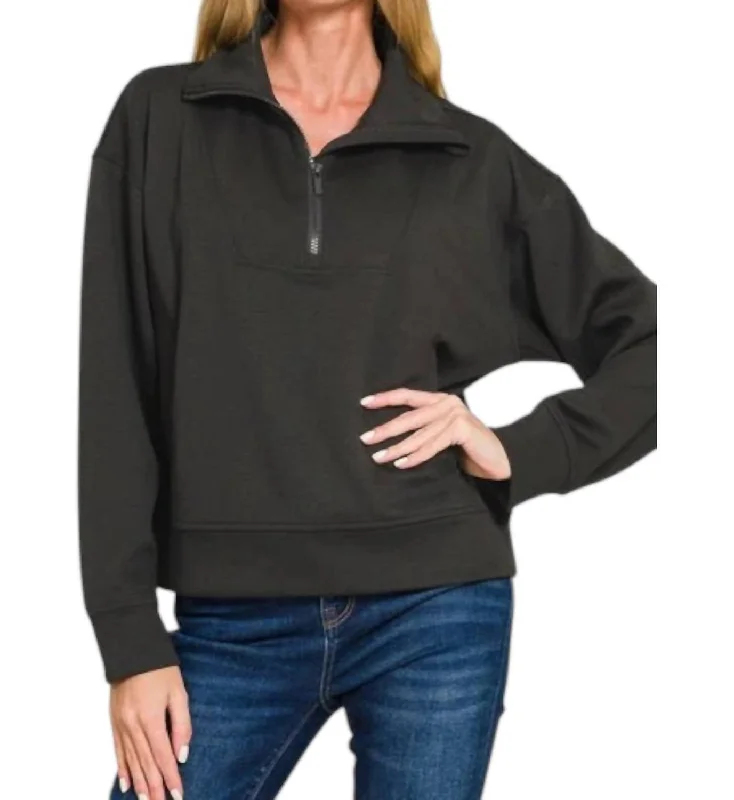 Women's Apparel And Garments Scuba Half Zip Pullover Sweater In Black