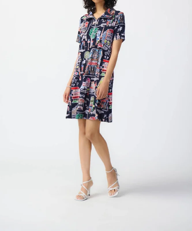 Extreme Clearance Deals Scenery Print Dress In Midnight Blue Multi