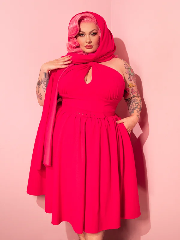 Flash Discount Golden Era Swing Dress and Scarf in Hot Pink - Vixen by Micheline Pitt