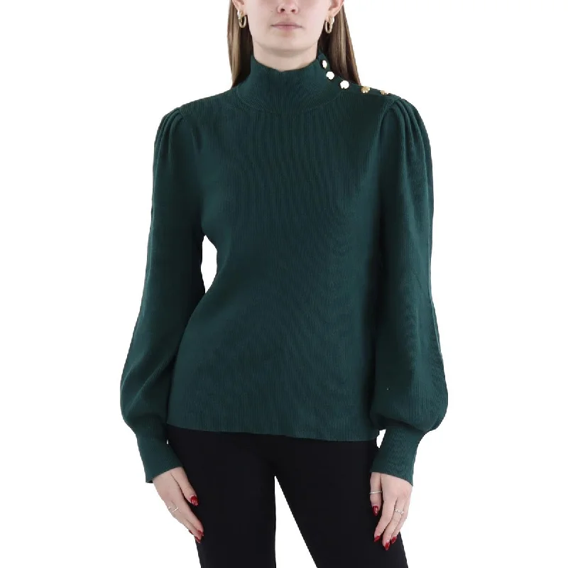 Women's Effortless Casual Outfit Womens Button Pleated Mock Turtleneck Sweater