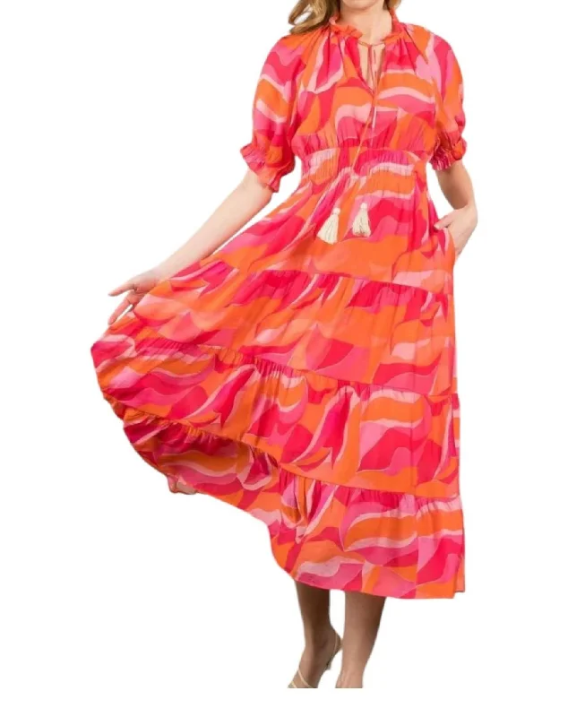 New In This Season Smocked Waist Tiered Print Dress In Pink