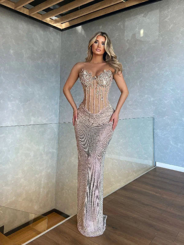 Gorgeous Glamour Collection Strapless Rhinestone Embellished Mesh Dress