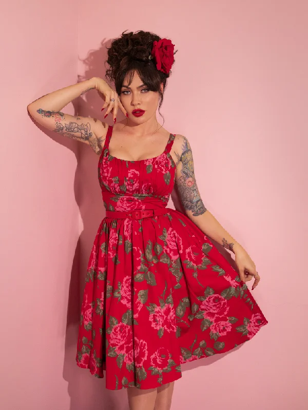 Trend Driven Wardrobe Ingenue Swing Dress in Vintage Red Rose Print - Vixen by Micheline Pitt