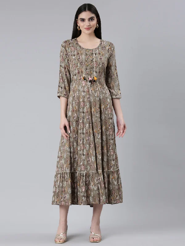 Fashion Sale Neeru's Brown Straight Casual Printed Dress