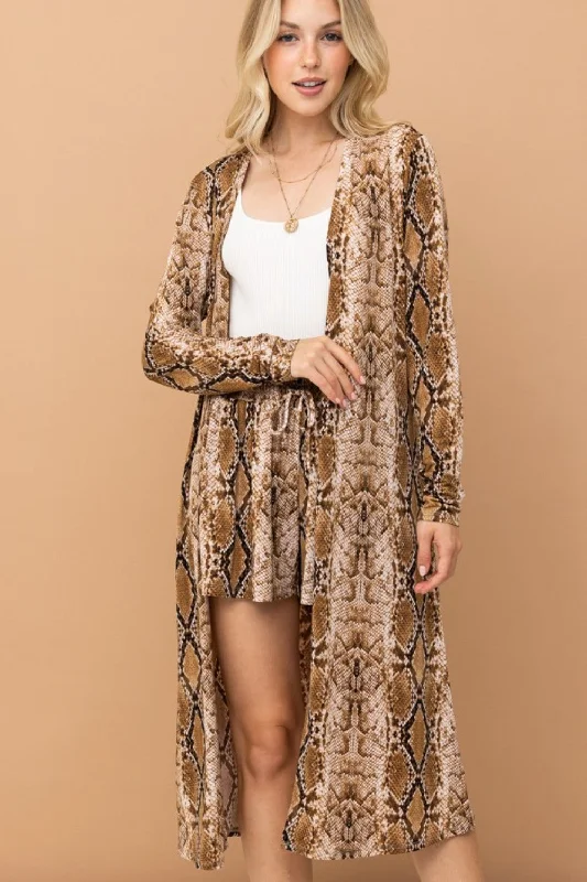 Women's Fashion-Forward Apparel Snake Print Kimono Open Front Longline Cardigan