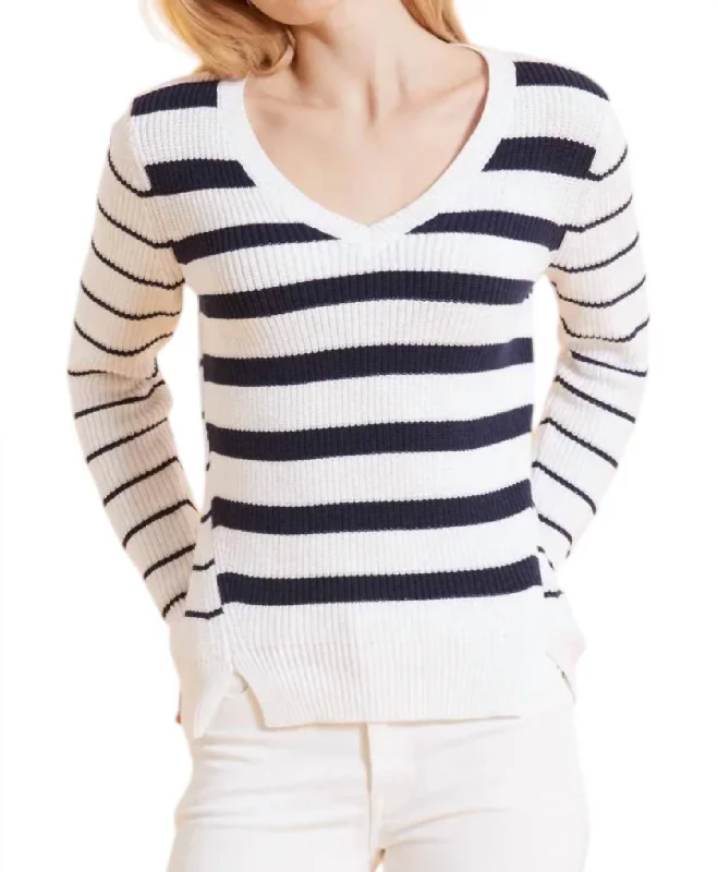 Women's Functional Outdoor Garments Cotton Striped Shaker Sweater In Navy