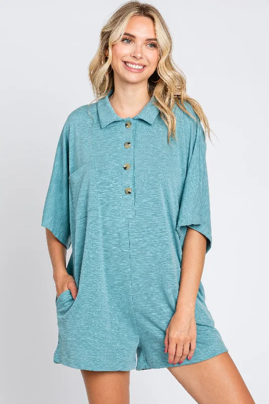 Women's Fashionable Attire For Work Teal Heathered Front Button Romper