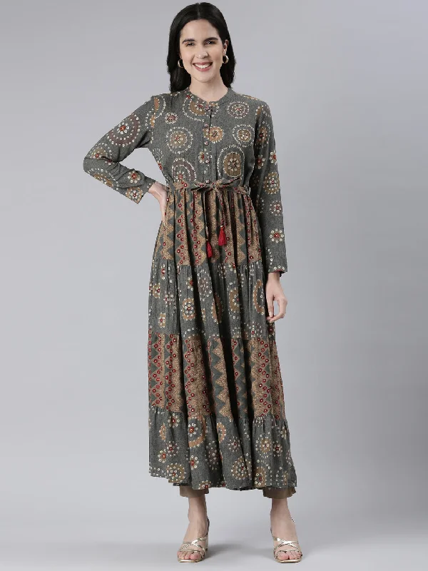 High End Women's Wear Neeru's Grey Maxi Casual Printed Dresses