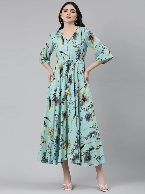 Classic Women's Fashion Neeru's Sea Green High-Low Casual Printed Dress