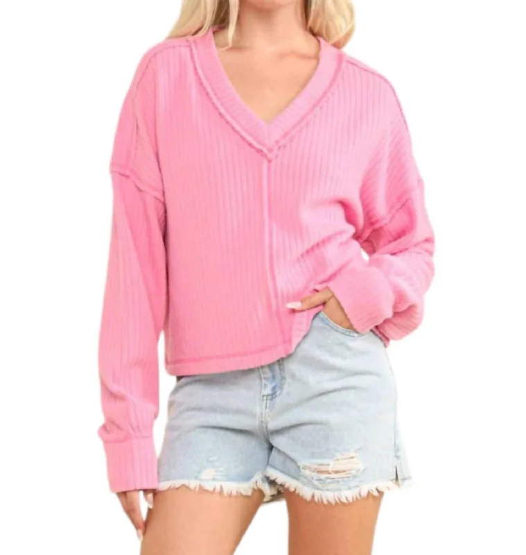 Women's Workout Garments Vneck Raw Hem Cozy Sweater In Pink