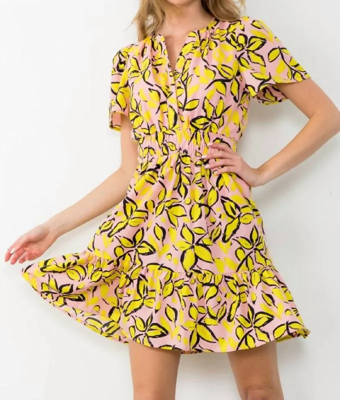 Huge Discounts This Week Leah Smocked Print Dress In Pink/yellow