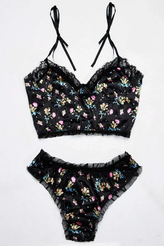 Women's Trendy Outfit Black Floral Lingerie Set