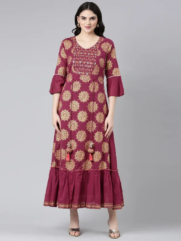 Unleash Your Trend Driven Style Neeru's Maroon Straight Casual Printed Dress