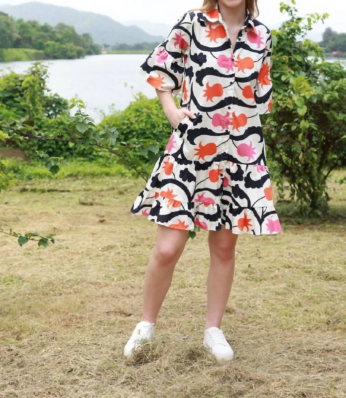 Clothing For Women Kazakh Tulip Print Dress In Cream With Orange/pink/black Tulip Print