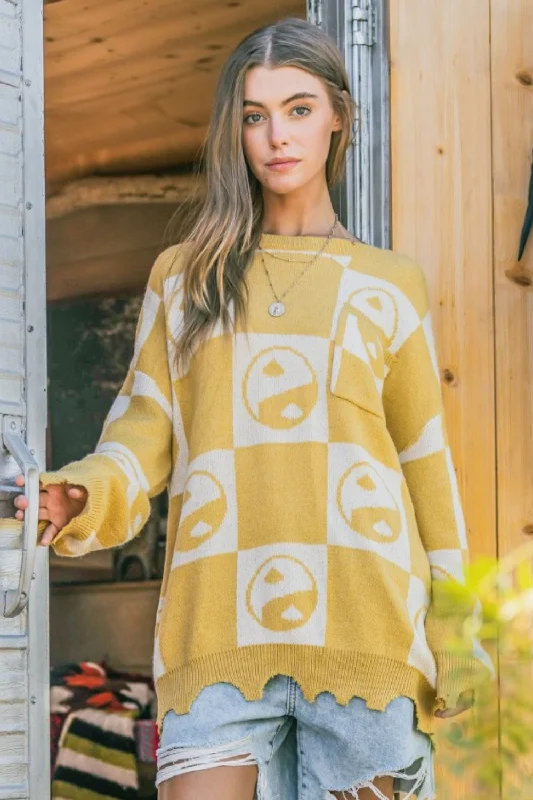 Casual Clothes For Women Checkerboard Sweater with Yin Yang Pattern