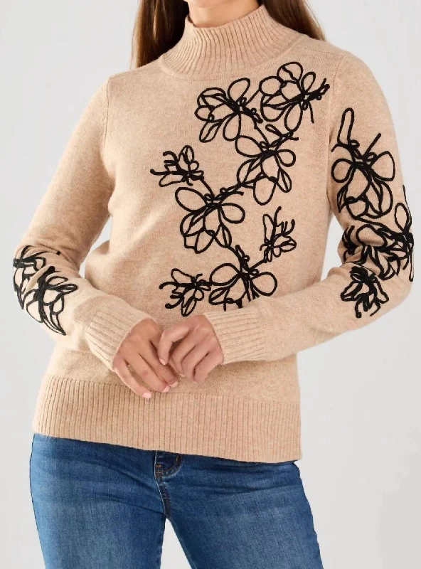 Women's Classic Attire Long Sleeve Embroidered Sweater In Beige/black