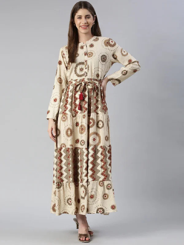 Versatile Wardrobe Essentials Neeru's Cream Maxi Casual Printed Dresses