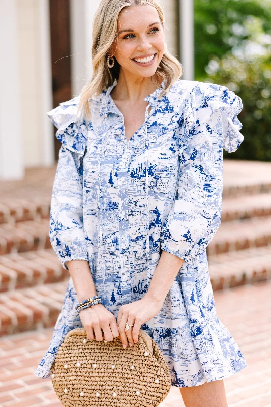 Street Style Fashion Hold On To You White and Blue Printed Dress