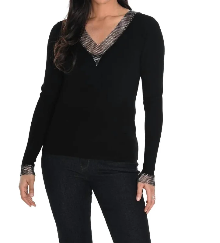 Women's Athletic Garments V-Neck Sweater With Crystal Stone Detail In Black