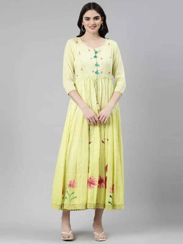 Budget Friendly Neeru's Yellow Straight Casual Printed Dress