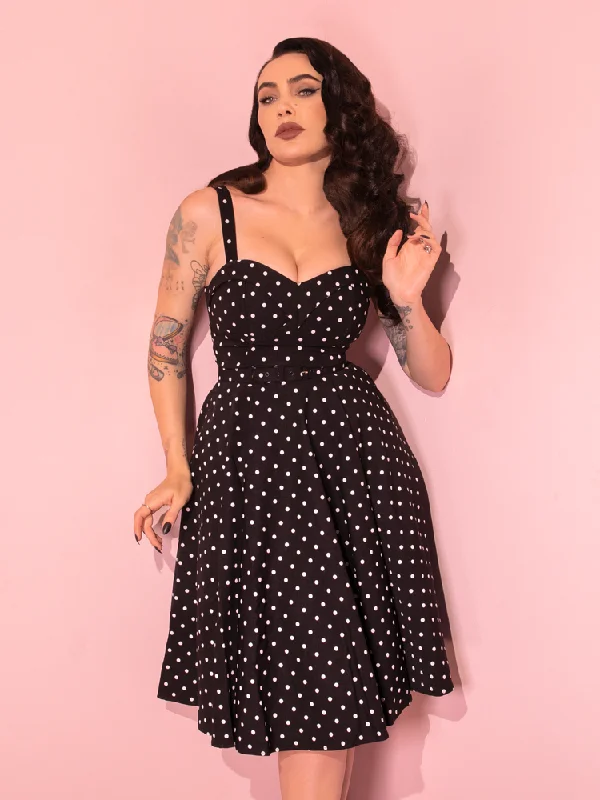 Style Upgrade PRE-ORDER - NEW FIT - Maneater Swing Dress in Black Polka Dot - Vixen by Micheline Pitt