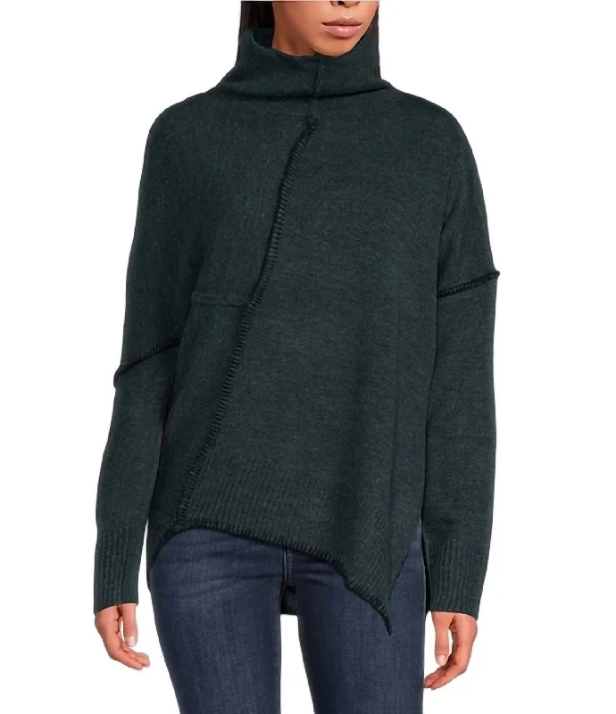 Modern Women's Clothes Turtleneck Long Sleeve Asymetrical Sweater In Teal Blue