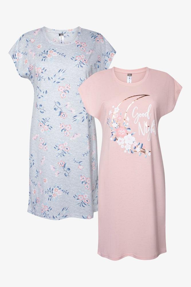 Women's Professional Apparel 2 Pack Moon With Flowers Good Night Sleep Shirts Pink